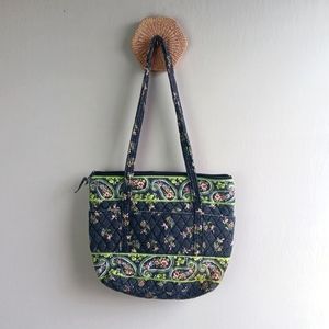 Vtg 90s Paisley Quilted Tote Black Green Cotton